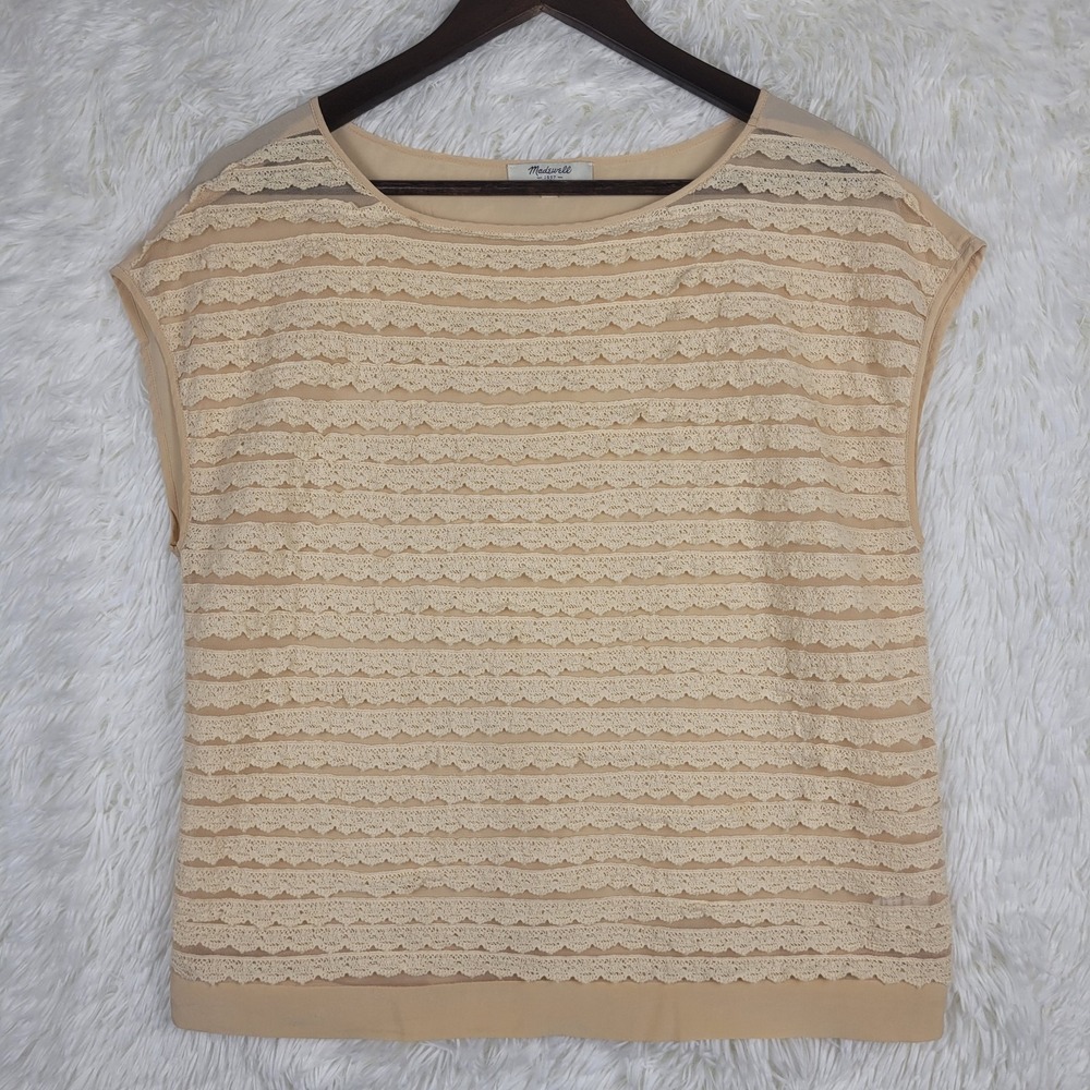 Madewell Silk Crochet Lace Front Blouse Peach Apricot Cap Sleeve Top Sz M Boxy